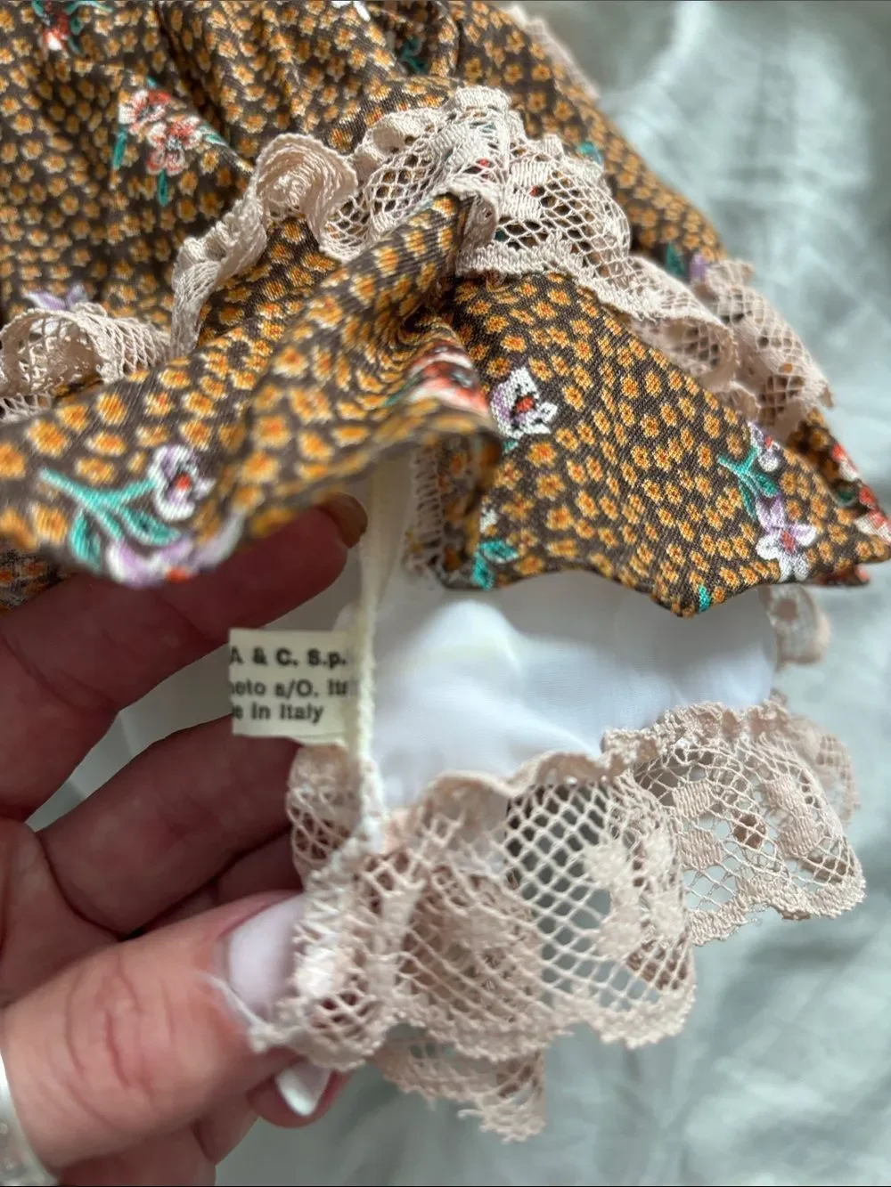 Collectible doll made in Italy, Vintage antique in Brown Floral with Pink Lace